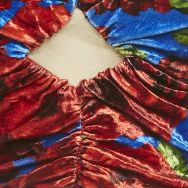 Pre Owned Magda Butrym Multicolor/Red Printed Velvet Ruched Crop Top S