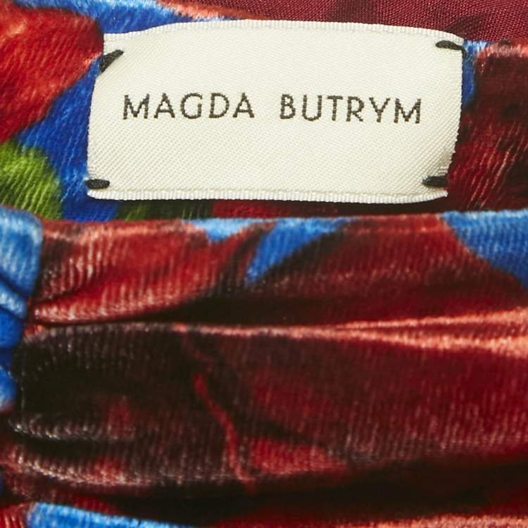 Pre Owned Magda Butrym Multicolor/Red Rose Print Velvet Drape Detail Leggings S