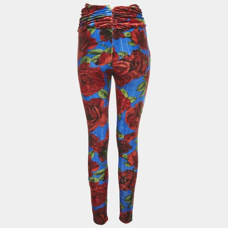 Pre Owned Magda Butrym Multicolor/Red Rose Print Velvet Drape Detail Leggings S