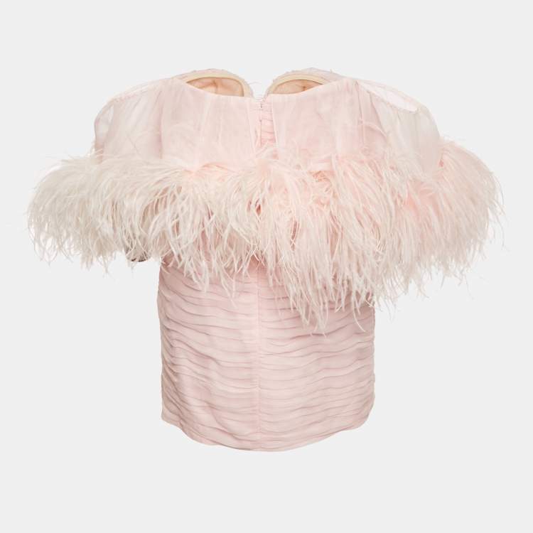 Pre Owned Magda Butrym Pink Silk and Ostrich Feather Strapless Mini Dress S