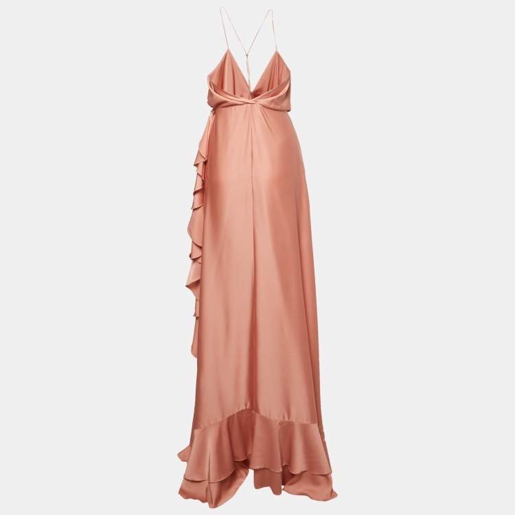 Pre Owned  Maison d'Angelann Pink Satin Ruffled Wrap Long Dress M