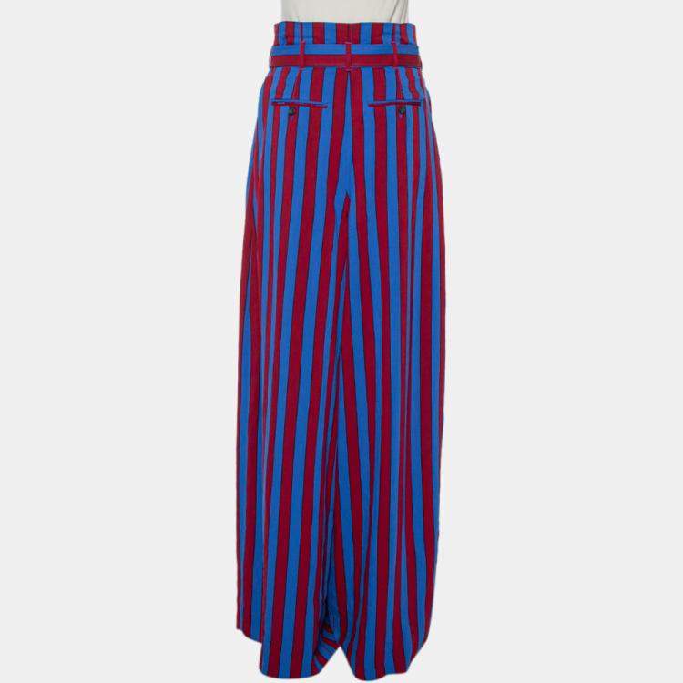 Pre Owned Maison Martin Margiela Red & Blue Striped Synthetic Belted Palazzo Pants M
