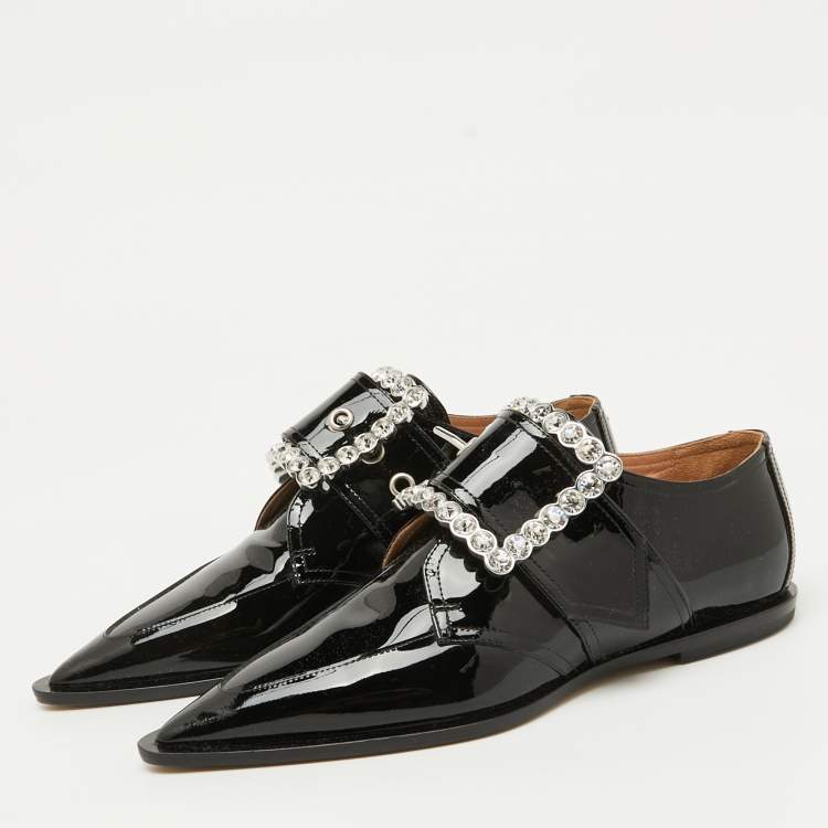 Pre Owned Maison Martin Margiela Black Patent Leather Crystal Embellished Buckle Flats Size 39