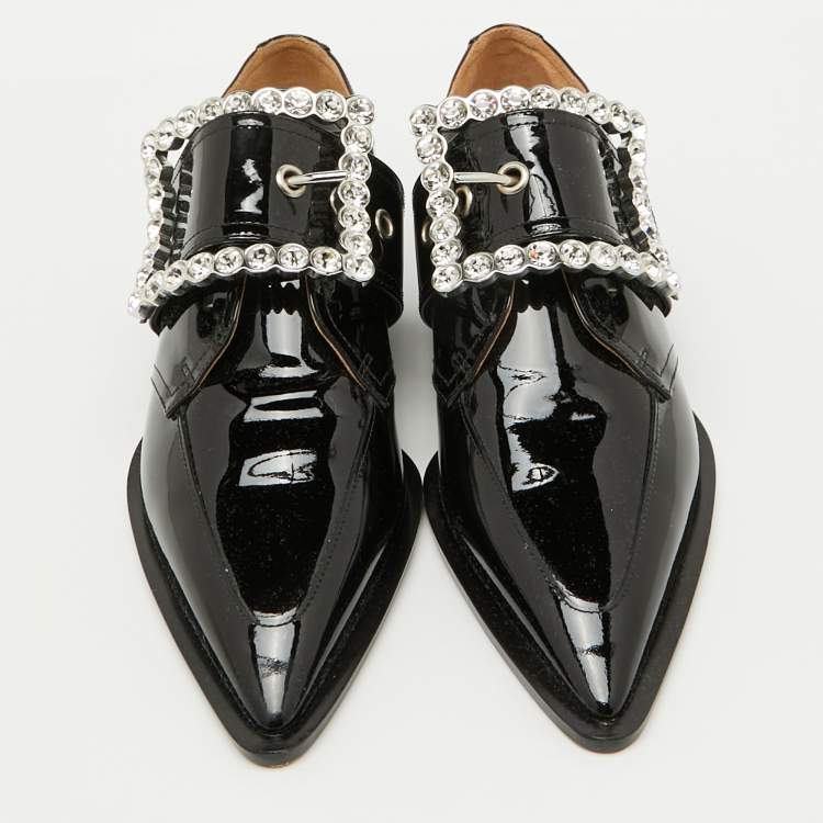 Pre Owned Maison Martin Margiela Black Patent Leather Crystal Embellished Buckle Flats Size 39