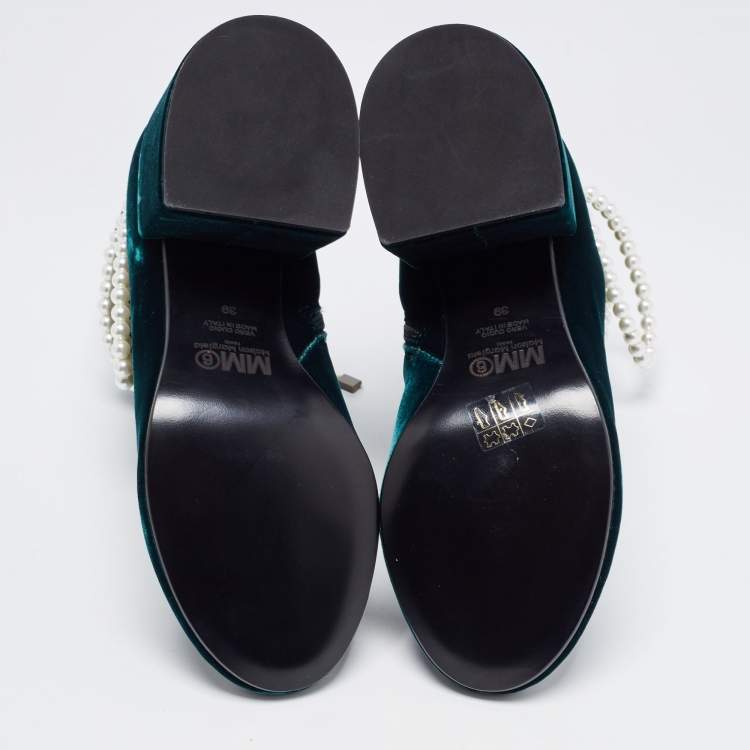 Pre Owned Maison Martin Margiela Green Velvet Embellished Ankle Boots Size 39