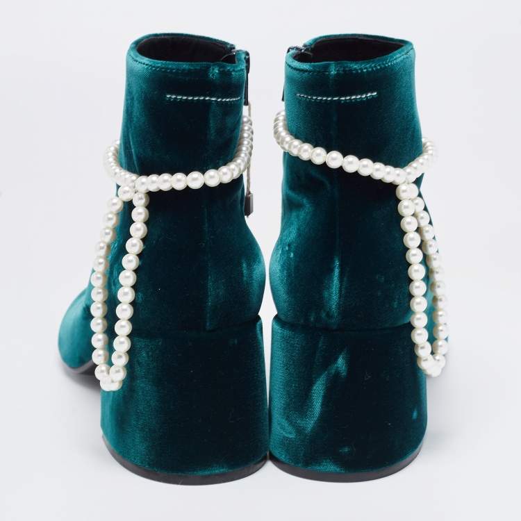 Pre Owned Maison Martin Margiela Green Velvet Embellished Ankle Boots Size 39