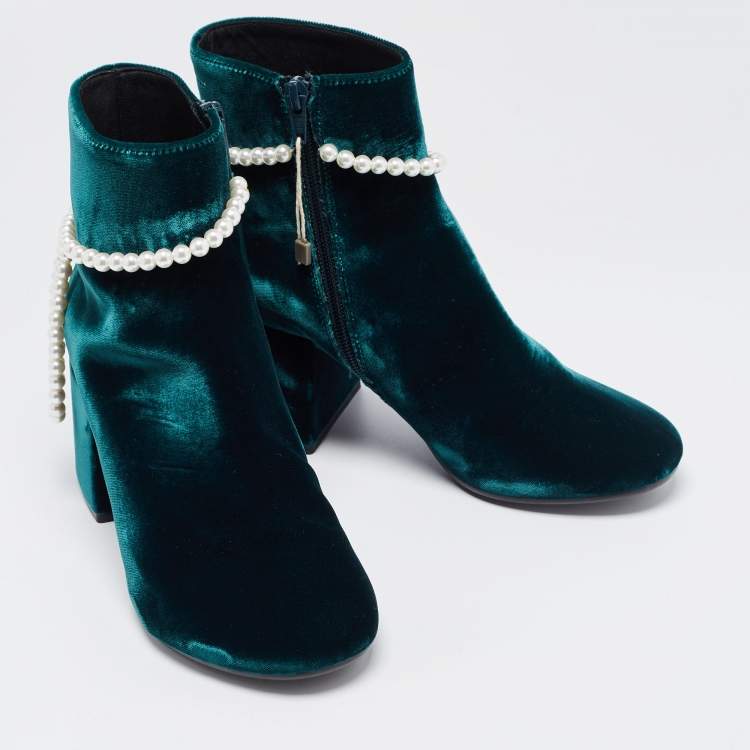 Pre Owned Maison Martin Margiela Green Velvet Embellished Ankle Boots Size 39