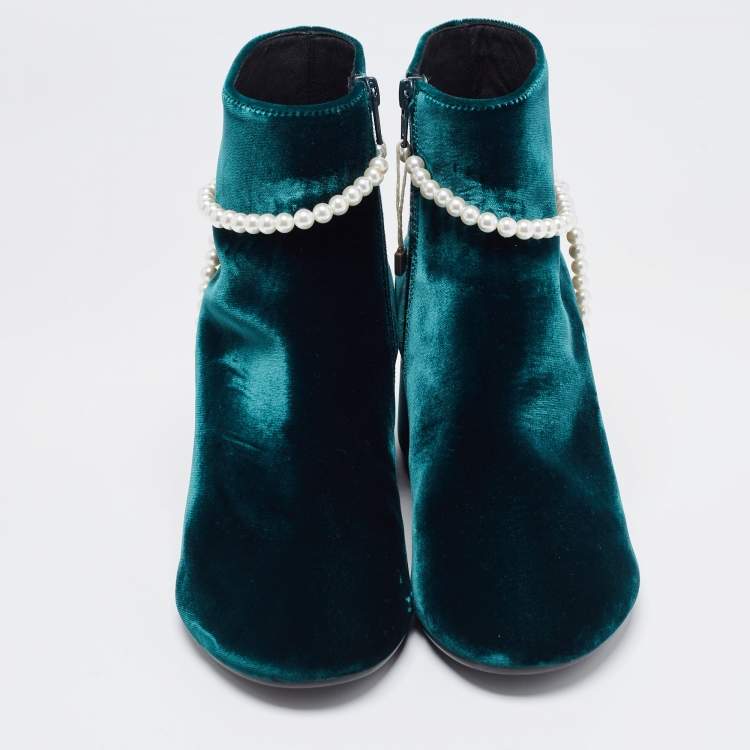 Pre Owned Maison Martin Margiela Green Velvet Embellished Ankle Boots Size 39