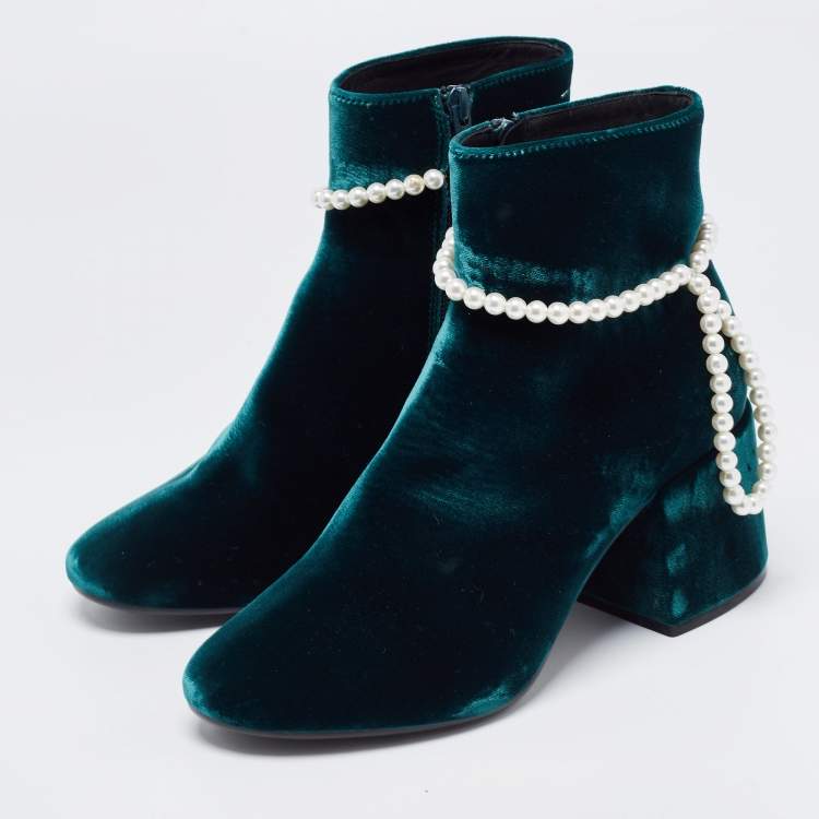 Pre Owned Maison Martin Margiela Green Velvet Embellished Ankle Boots Size 39