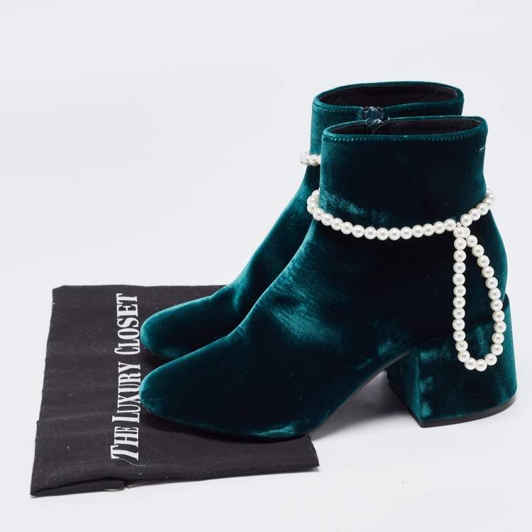 Pre Owned Maison Martin Margiela Green Velvet Embellished Ankle Boots Size 39