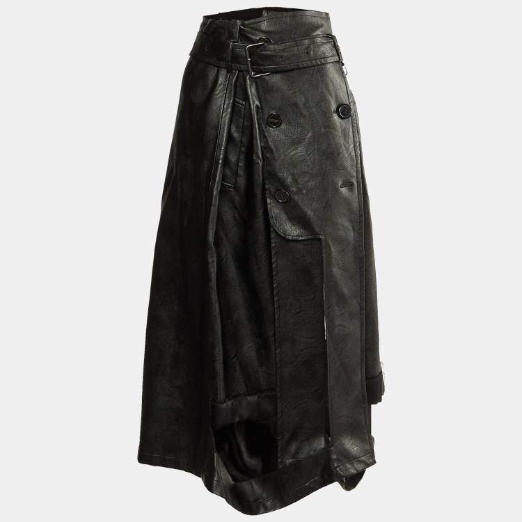 Pre Owned Maison Martin Margiela Black Faux Leather & Chiffon Midi Skirt M