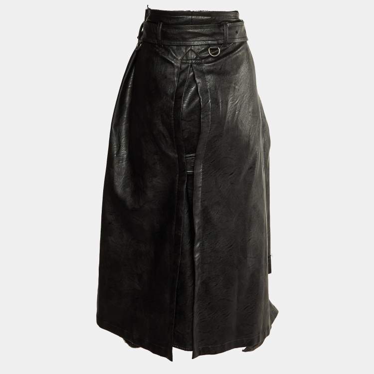 Pre Owned Maison Martin Margiela Black Faux Leather & Chiffon Midi Skirt M