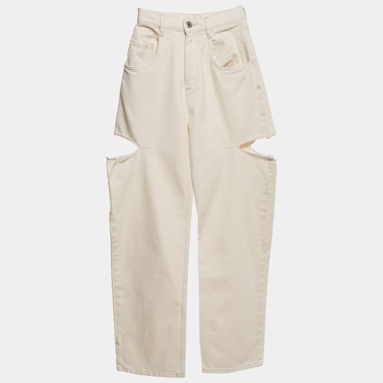 Pre Owned Maison Martin Margiela Off-White Denim Cut-Out High Rise Boyfriend Jeans S Waist 23"