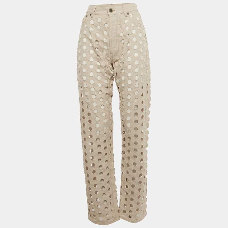 Pre Owned Maison Martin Margiela Beige Cut Out Detail Denim Jeans M Waist 28"