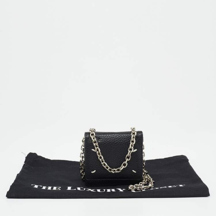 Pre Owned Maison Martin Margiela Black Leather Stitch Compact Wallet On Chain