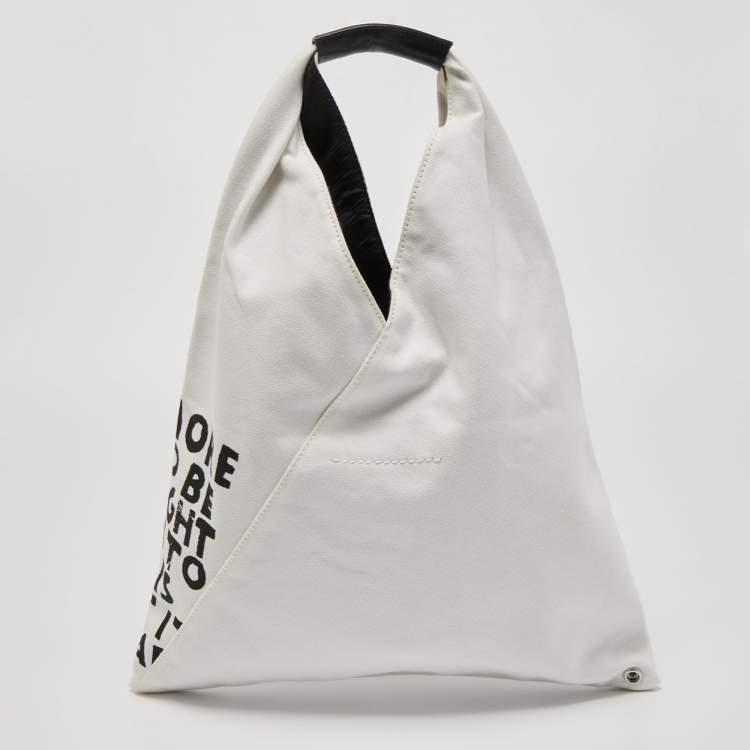 Pre Owned MM6 Maison Martin Margiela White Printed Canvas Triangle Tote