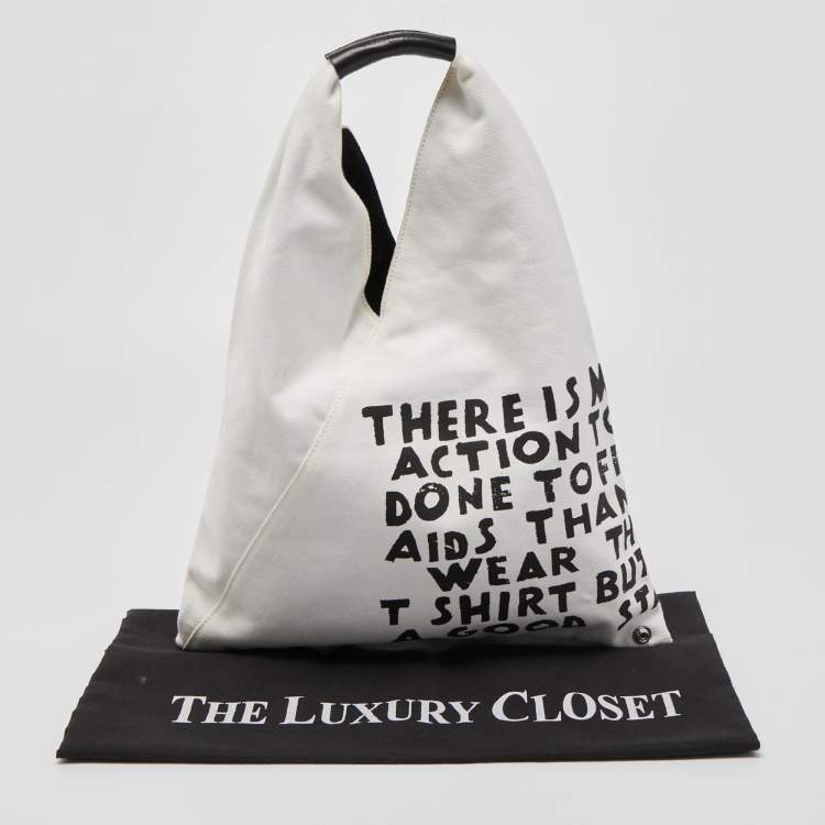 Pre Owned MM6 Maison Martin Margiela White Printed Canvas Triangle Tote