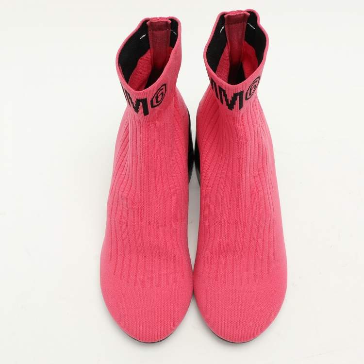 Pre Owned Maison Martin Margiela Pink Knit Fabric Ankle Length Boots Size 39