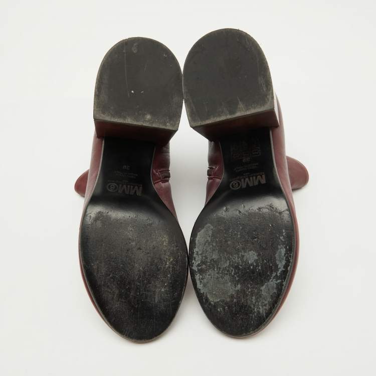 Pre Owned Maison Martin Margiela Burgundy Leather Block Heel Ankle Boots Size 39