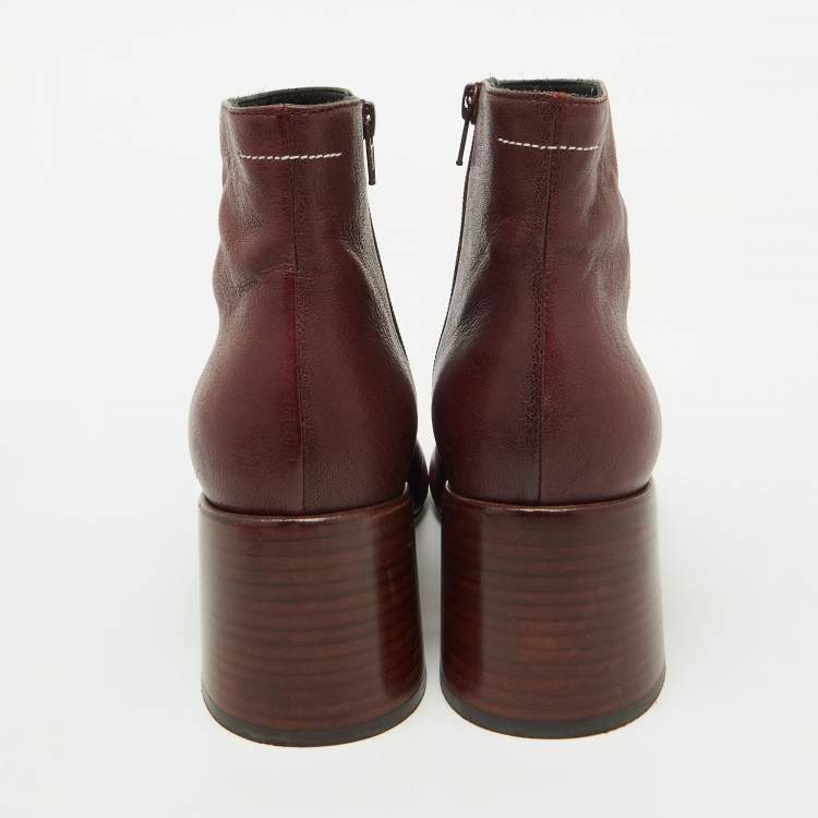 Pre Owned Maison Martin Margiela Burgundy Leather Block Heel Ankle Boots Size 39