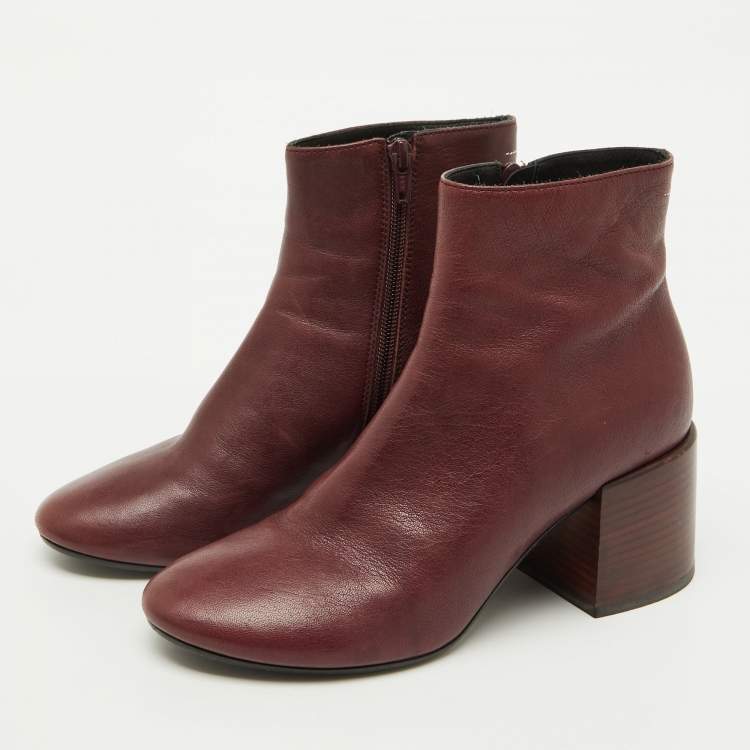 Pre Owned Maison Martin Margiela Burgundy Leather Block Heel Ankle Boots Size 39