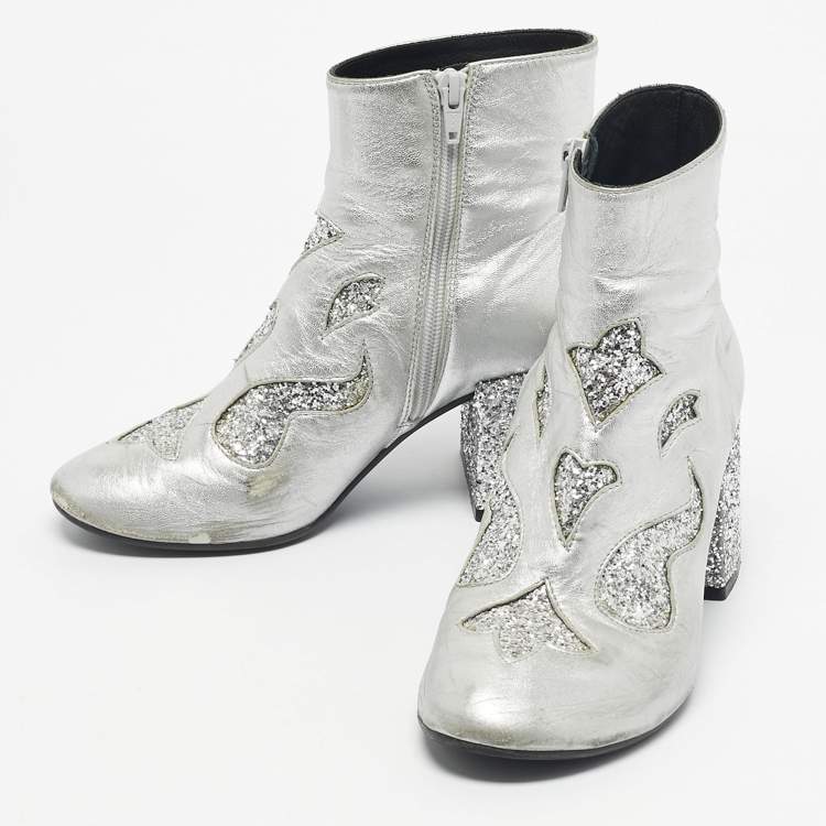 Pre Owned Maison Martin Margiela Silver Glitter and Leather Ankle Length Boots Size 39