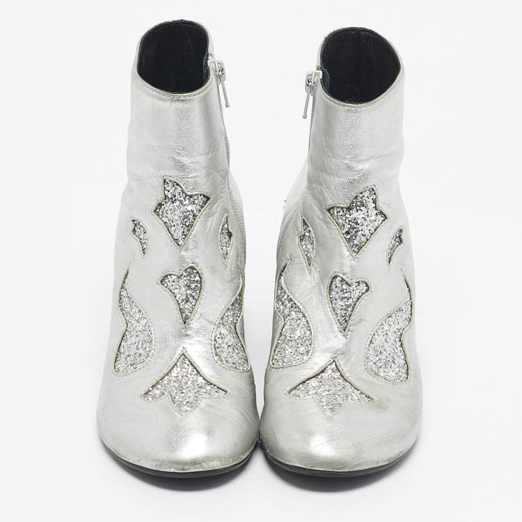 Pre Owned Maison Martin Margiela Silver Glitter and Leather Ankle Length Boots Size 39
