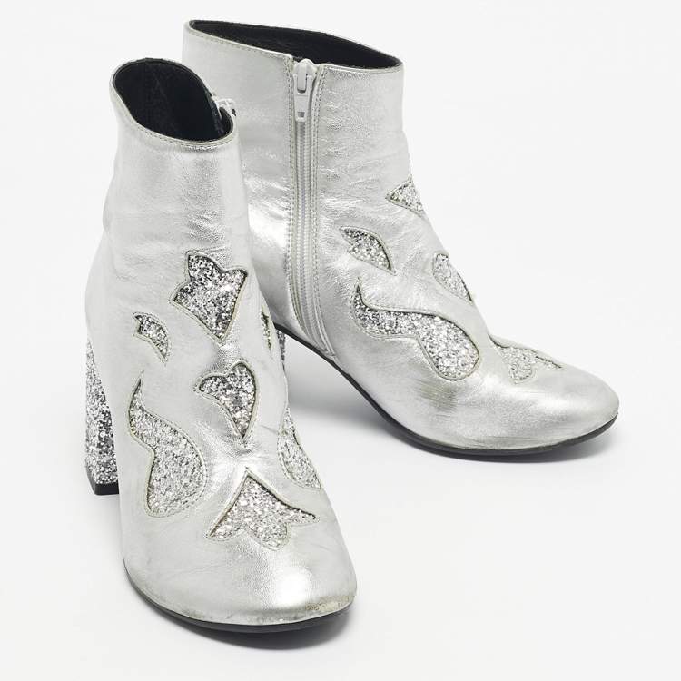 Pre Owned Maison Martin Margiela Silver Glitter and Leather Ankle Length Boots Size 39