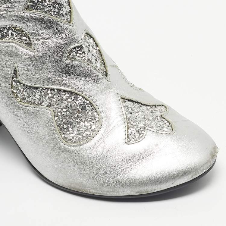 Pre Owned Maison Martin Margiela Silver Glitter and Leather Ankle Length Boots Size 39