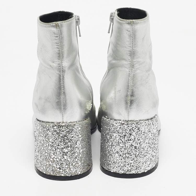 Pre Owned Maison Martin Margiela Silver Glitter and Leather Ankle Length Boots Size 39