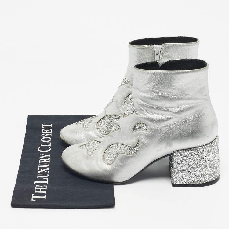 Pre Owned Maison Martin Margiela Silver Glitter and Leather Ankle Length Boots Size 39