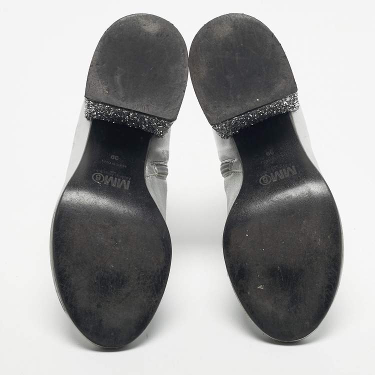 Pre Owned Maison Martin Margiela Silver Glitter and Leather Ankle Length Boots Size 39