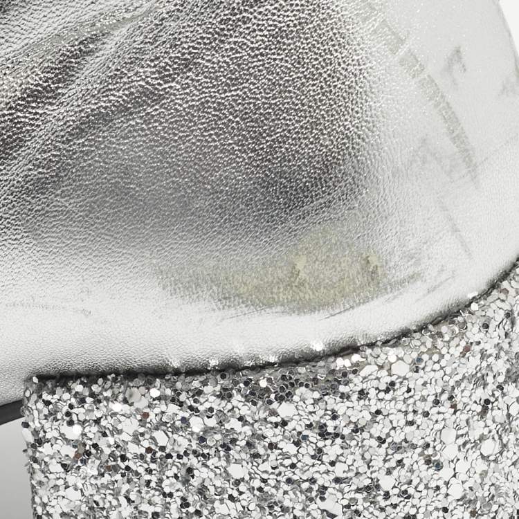 Pre Owned Maison Martin Margiela Silver Glitter and Leather Ankle Length Boots Size 39