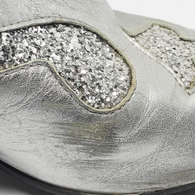Pre Owned Maison Martin Margiela Silver Glitter and Leather Ankle Length Boots Size 39