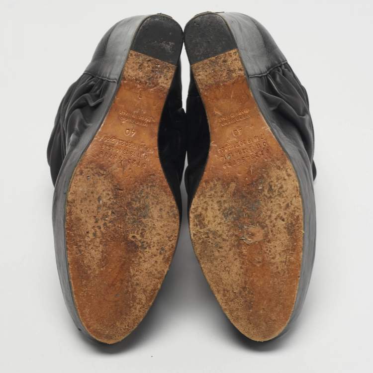 Pre Owned Maison Martin Margiela Black Leather Ruched Wedge Ankle Length Boots Size 40