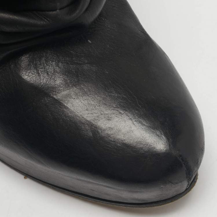 Pre Owned Maison Martin Margiela Black Leather Ruched Wedge Ankle Length Boots Size 40