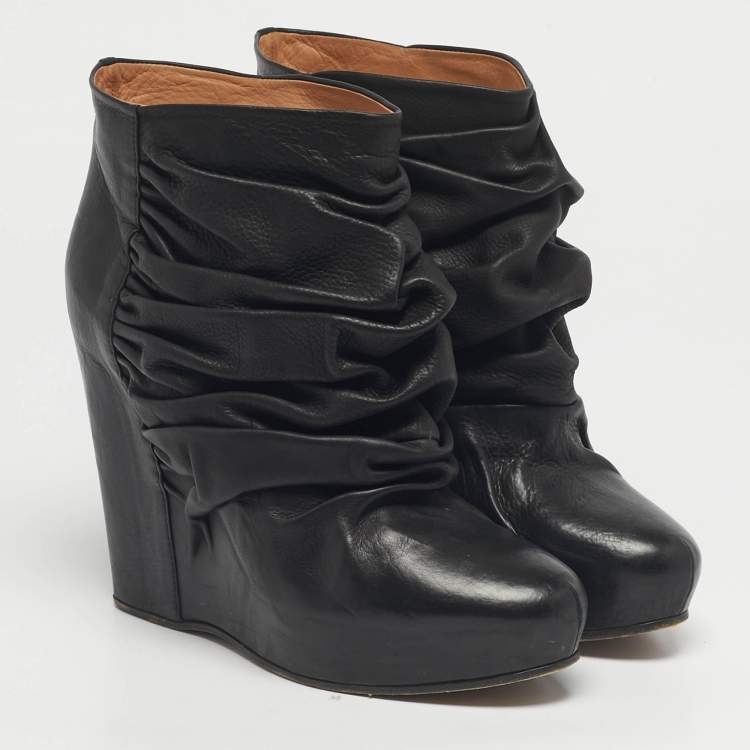 Pre Owned Maison Martin Margiela Black Leather Ruched Wedge Ankle Length Boots Size 40