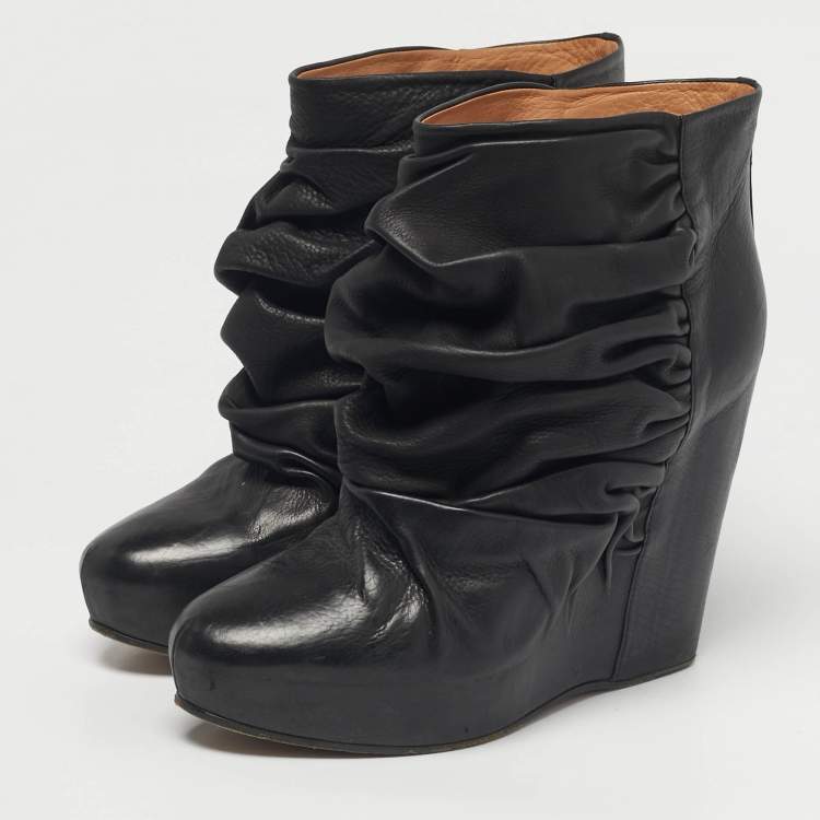 Pre Owned Maison Martin Margiela Black Leather Ruched Wedge Ankle Length Boots Size 40