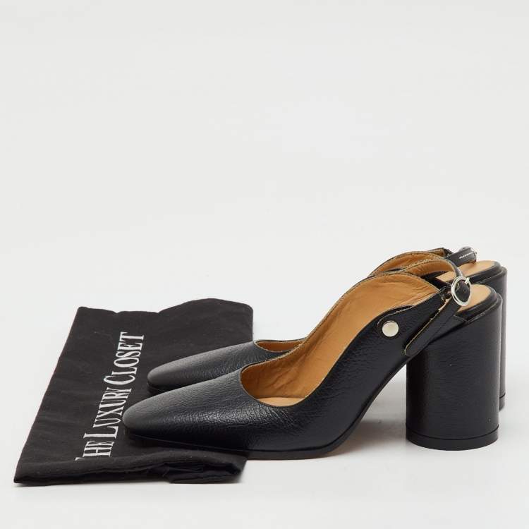 Pre Owned Maison Martin Margiela Black Leather Tabi Block Heel Slingback Mules Size 36 