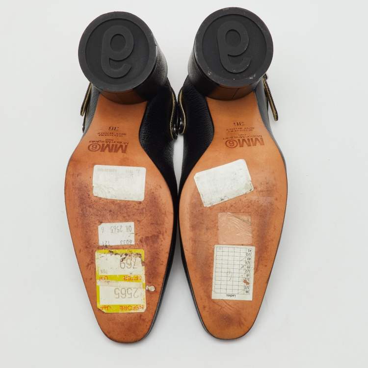 Pre Owned Maison Martin Margiela Black Leather Tabi Block Heel Slingback Mules Size 36 