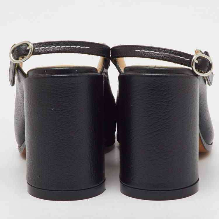 Pre Owned Maison Martin Margiela Black Leather Tabi Block Heel Slingback Mules Size 36 