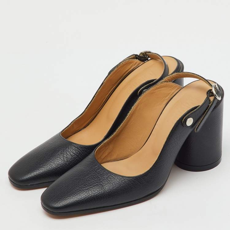 Pre Owned Maison Martin Margiela Black Leather Tabi Block Heel Slingback Mules Size 36 