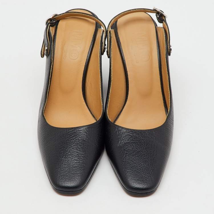 Pre Owned Maison Martin Margiela Black Leather Tabi Block Heel Slingback Mules Size 36 