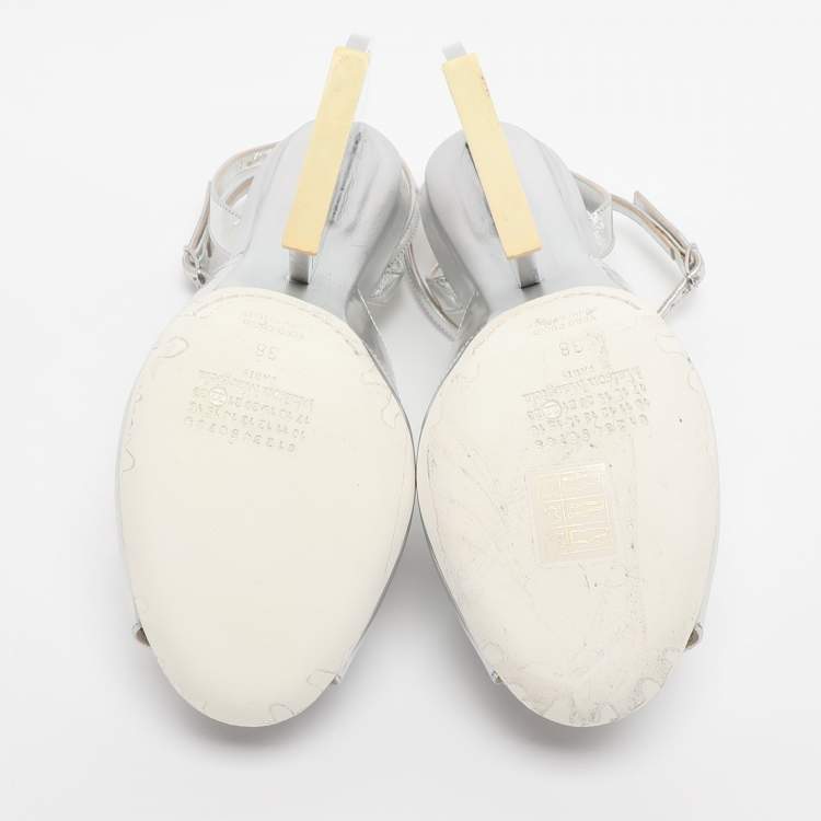 Pre Owned Maison Martin Margiela Silver Patent Leather Mirror Heel Ankle Strap Sandals Size 38