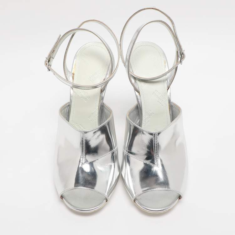 Pre Owned Maison Martin Margiela Silver Patent Leather Mirror Heel Ankle Strap Sandals Size 38