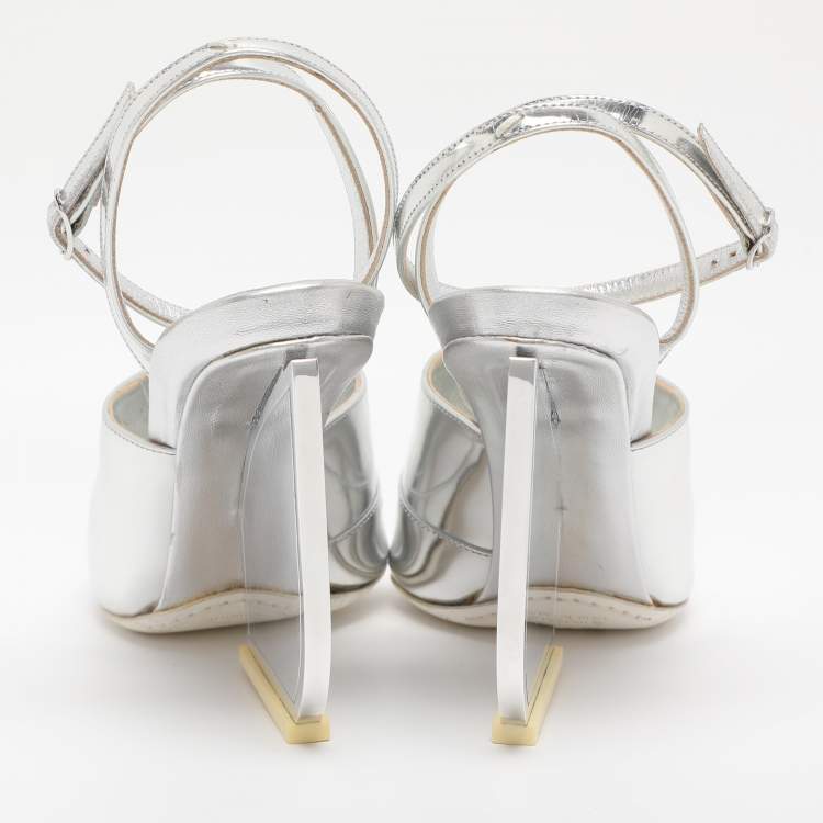 Pre Owned Maison Martin Margiela Silver Patent Leather Mirror Heel Ankle Strap Sandals Size 38