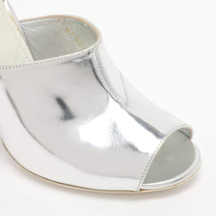 Pre Owned Maison Martin Margiela Silver Patent Leather Mirror Heel Ankle Strap Sandals Size 38
