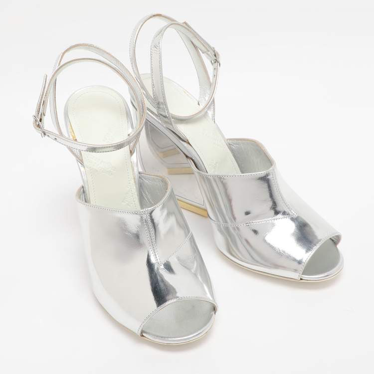 Pre Owned Maison Martin Margiela Silver Patent Leather Mirror Heel Ankle Strap Sandals Size 38