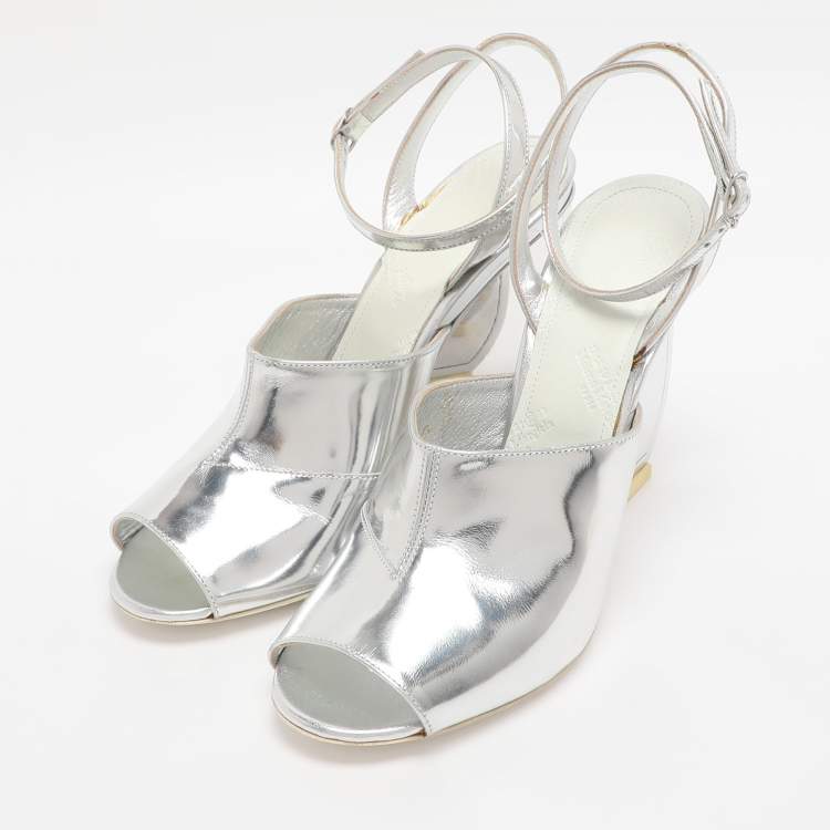 Pre Owned Maison Martin Margiela Silver Patent Leather Mirror Heel Ankle Strap Sandals Size 38