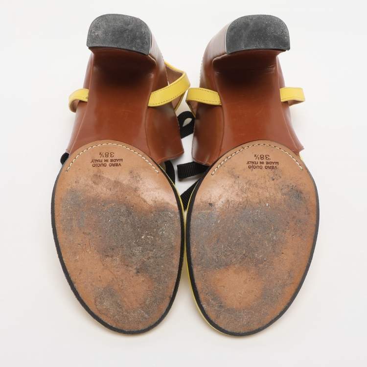 Pre Owned Maison Martin Margiela Yellow/Brown Leather Ankle Strap Sandals Size 38.5